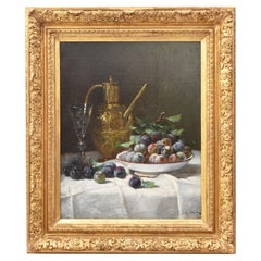 Antique Paintings, Still Life with Plums and Fruit, Oil on Canvas, 19th Century