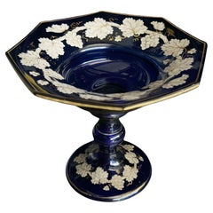 Antique Cobalt Hand Painted Glass Compote