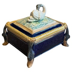 Circa 1900 English Majolica Swan Finial Sardine Box