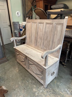 19th Century Bleached English Oak Carved Settle Bench