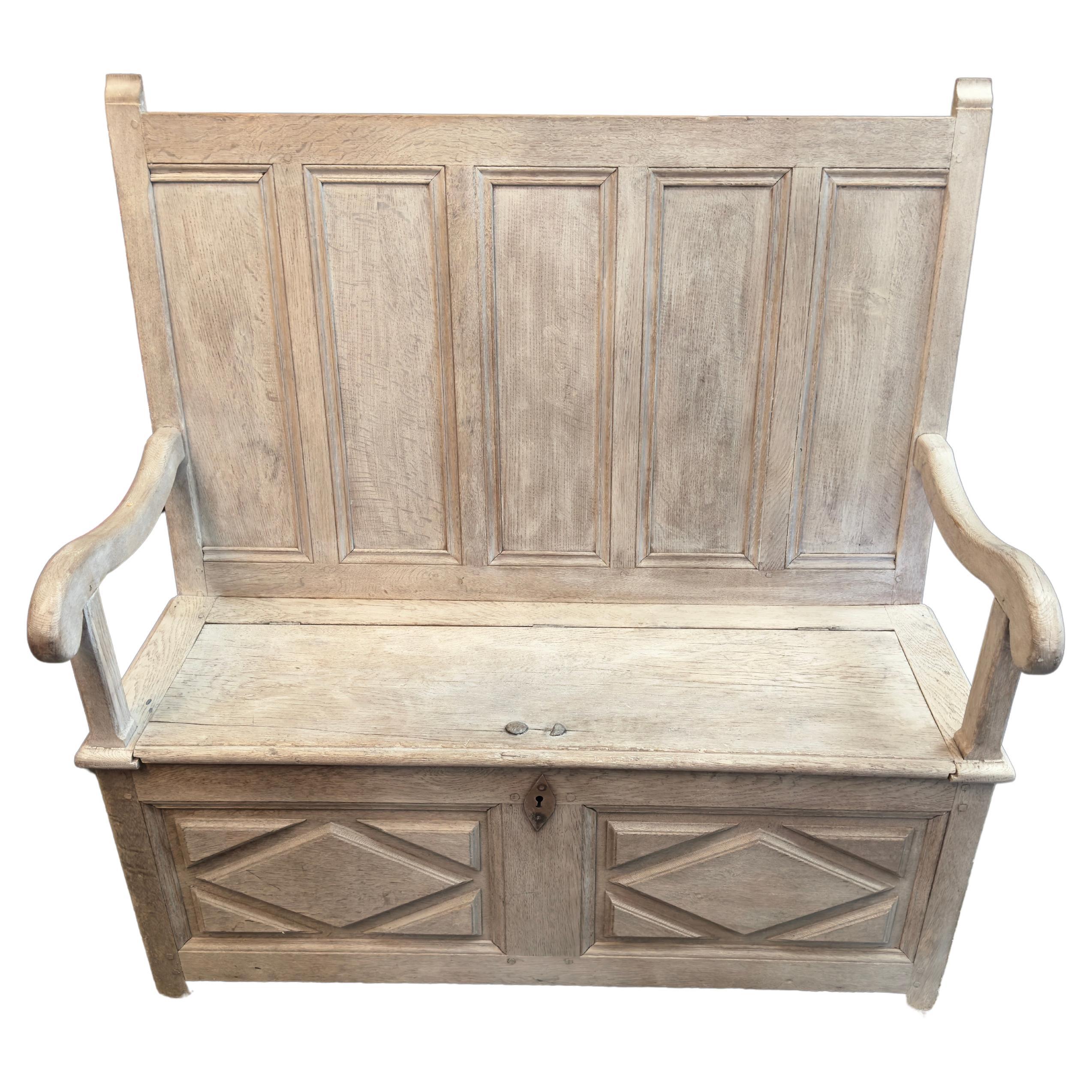 19th Century Bleached English Oak Carved Settle Bench
