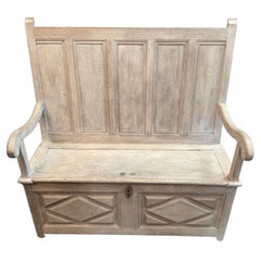 Antique 19th Century Bleached English Oak Carved Settle Bench
