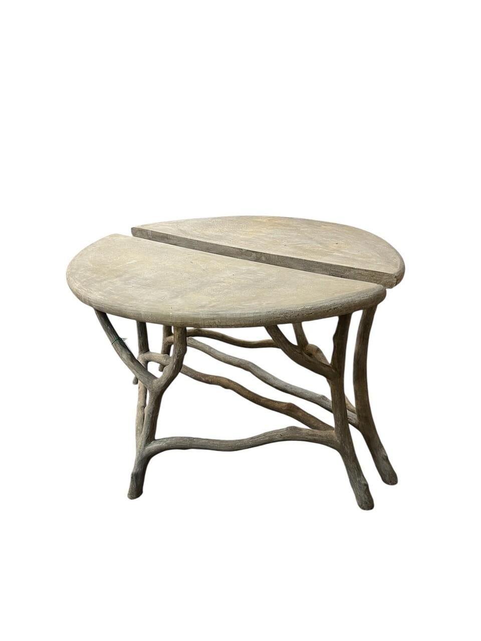 Rustic Pair of Faux Bois Cast Concrete Demilunes For Sale