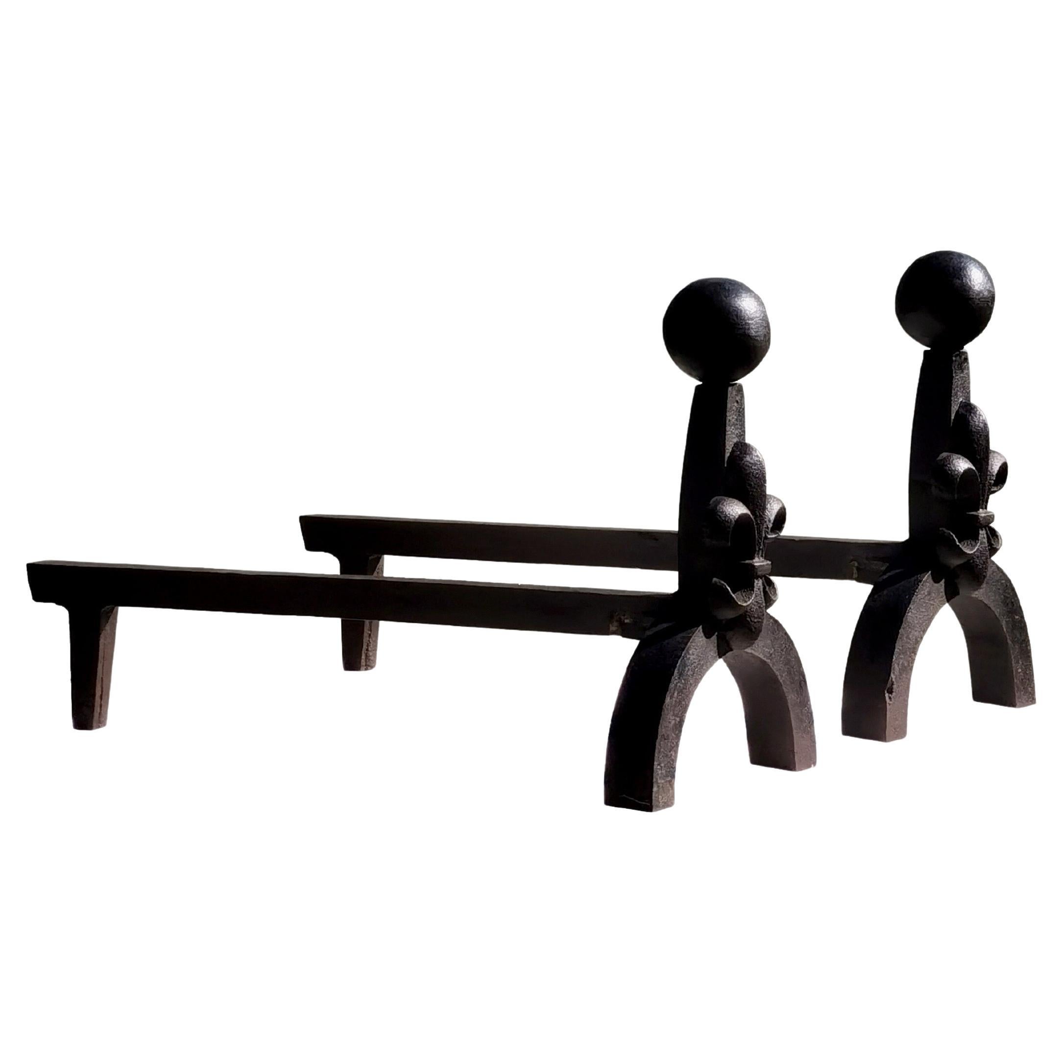 COPPIA NEOCLASSICA BRUTALISTA DI ANDIRONI IN FERRO Battuto, Francia 1970