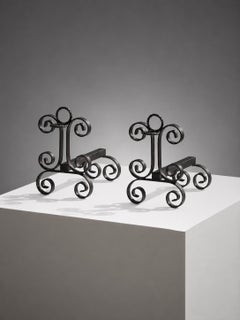 A Pair of NEOCLASSICAL BRUTALIST SHABBY-CHIC Wrought Iron ANDIRONS, France 1960