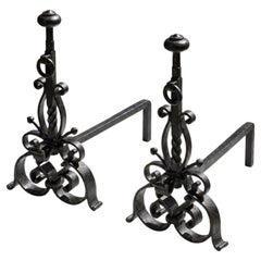 A Pair of NEOCLASSICAL BRUTALIST SHABBY-CHIC Wrought Iron ANDIRONS, France 1960
