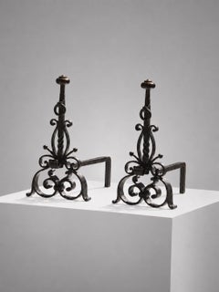 A Pair of NEOCLASSICAL BRUTALIST SHABBY-CHIC Wrought Iron ANDIRONS, France 1960