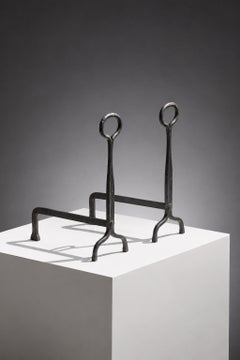 A MODERNIST BRUTALIST Wrought Iron PAIR of ANDIRONS, by JP RICKAERT France 1970