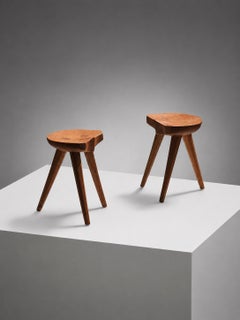 A Pair of MID-CENTURY-MODERN Hand Crafted BRUTALIST Tripod STOOLS, France 1950