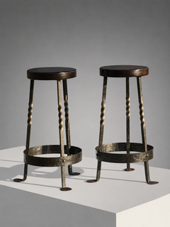2 Rustic-Modern BRUTALIST Tripod BAR STOOLS, ARTISANS DE MAROLLES, France 1950