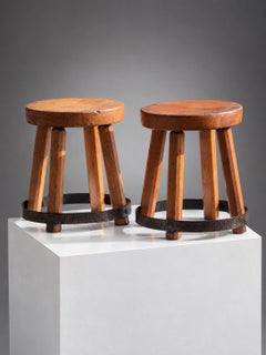 2 Rustic-Modern BRUTALIST STOOLS in the style of CHARLOTTE PERRIAND, France 1950