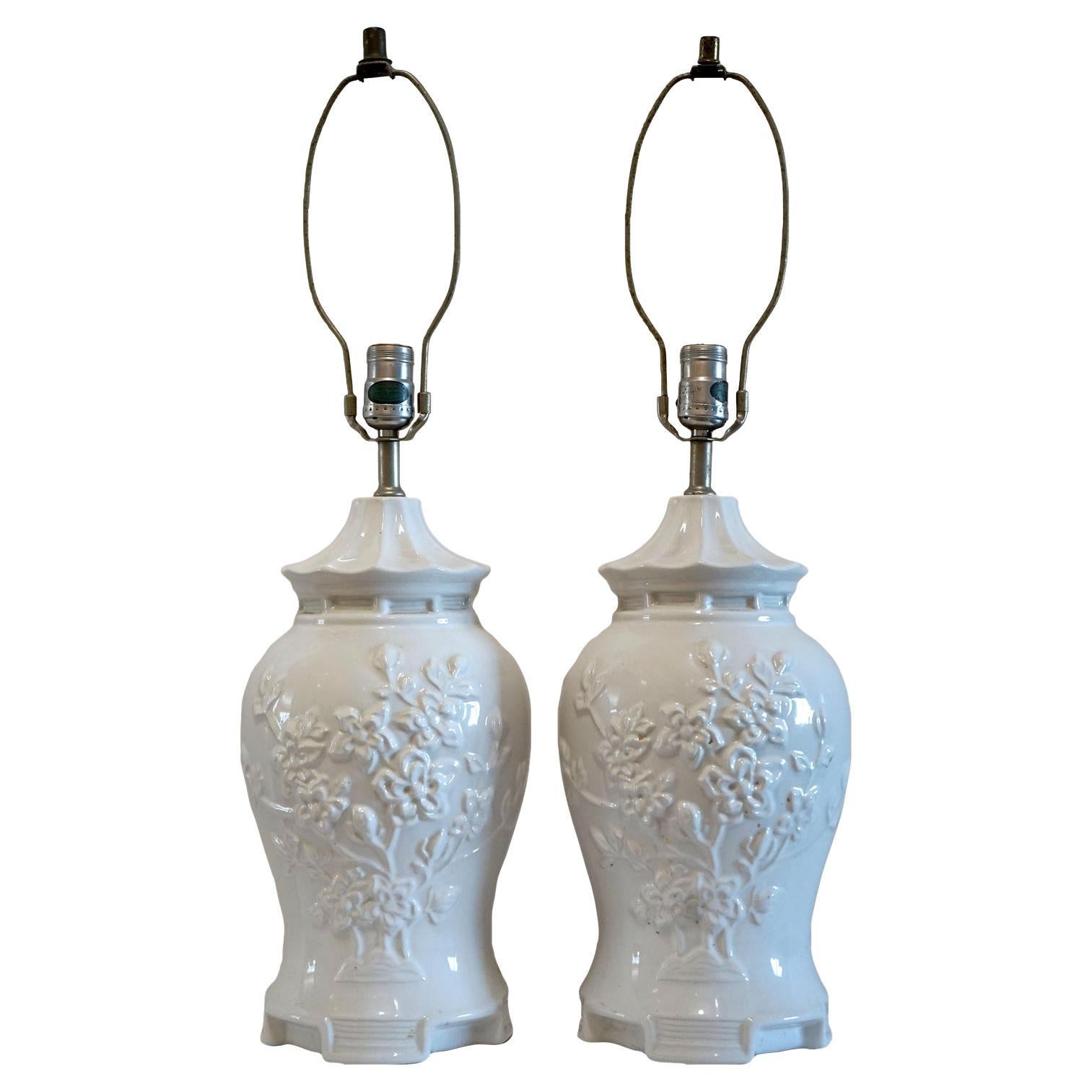 Pair of Blanc De Chine Vintage Porcelain Baluster Lamps with Prunus Motif