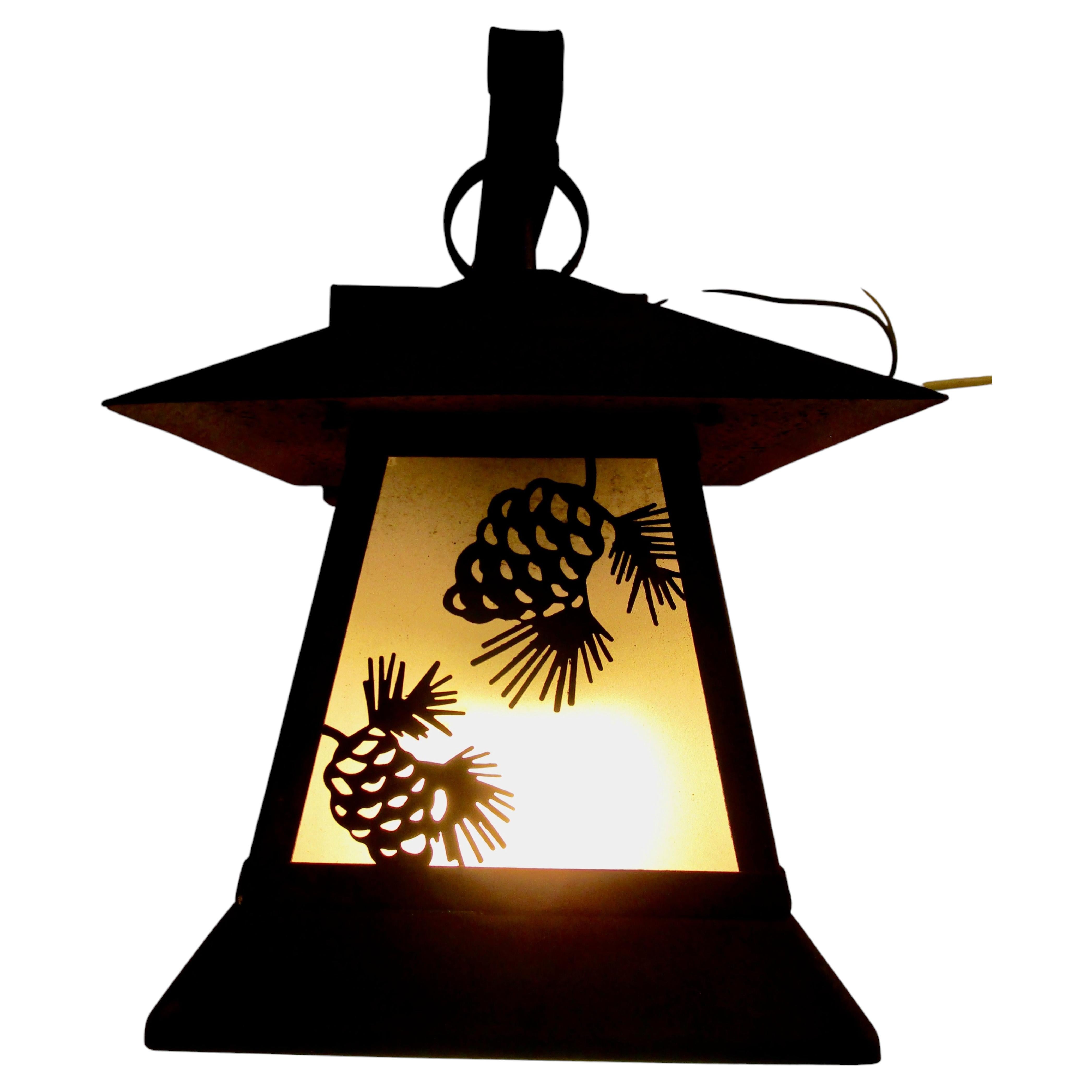 Single Arts and Crafts Antique Lantern with Pine Cone Motif, Removable Glass For Sale