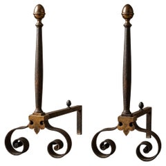 French Provincial Hand-Forged Wrought Iron Fireplace Andirons with Brass Acorn F