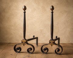 French Provincial Hand-Forged Wrought Iron Fireplace Andirons with Brass Acorn F