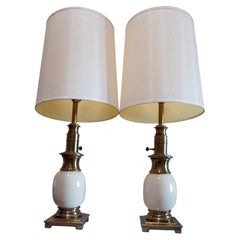 Pair of Monumental Brass and Porcelain Egg-Form Table Lamps with Raw Silk Shades
