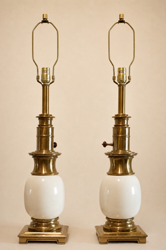 Pair of Monumental Brass and Porcelain Egg-Form Table Lamps with Raw Silk Shades