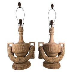Italian Style Carved Wood Lamps with Swag Decoration in Distressed Finish