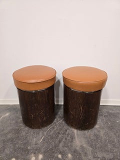 Taburete vintage de madera de los años 70 – Cojín de imitación de cuero y ribete de aluminio