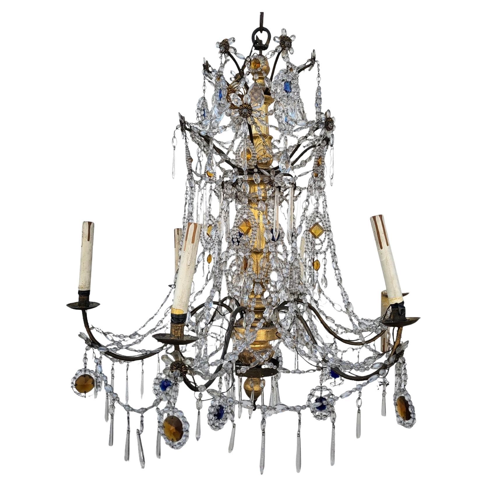 Lampadario genovese in legno dorato e cristallo, fine XVIII inizio XIX secolo in vendita