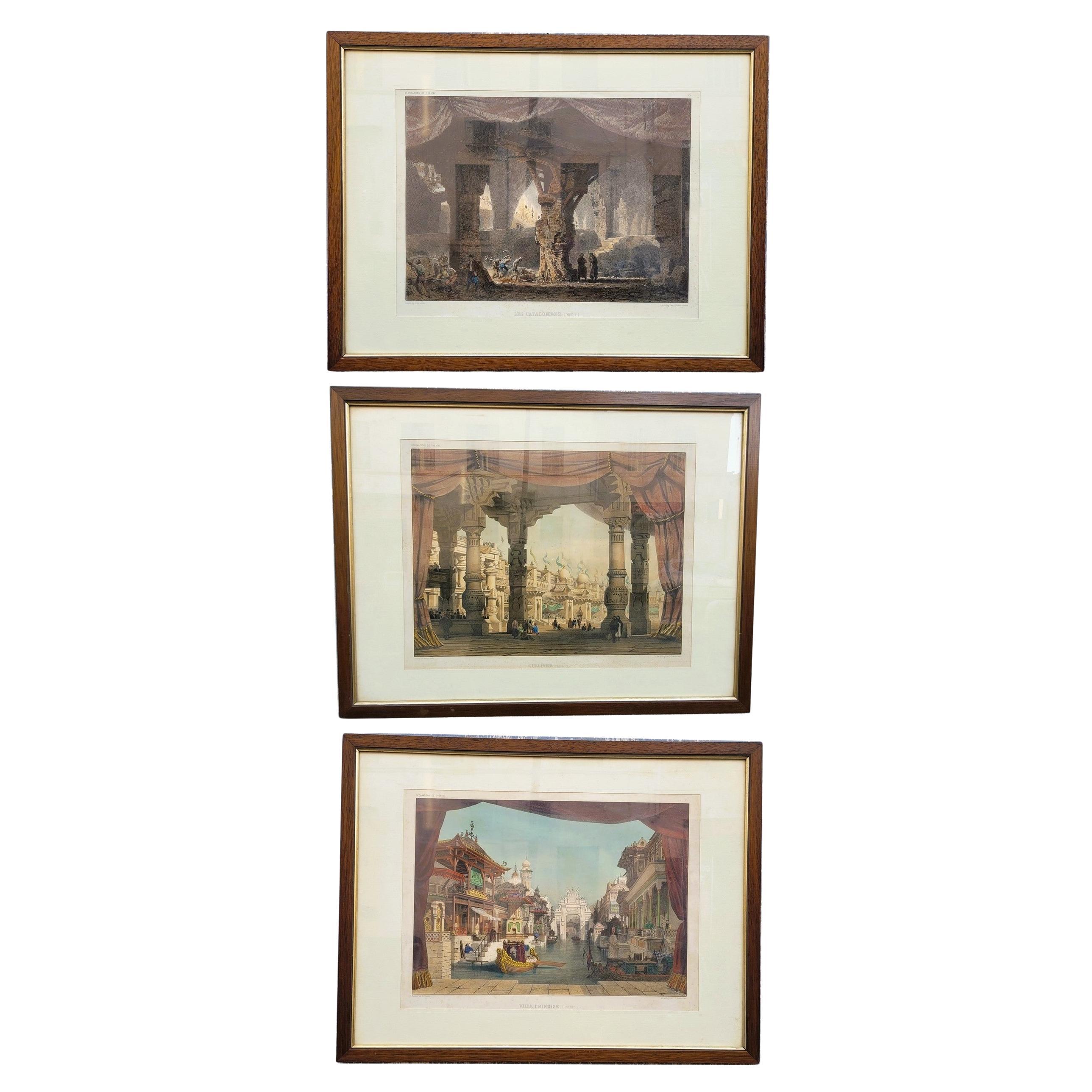 Satz von 3 aquarellierten Stichen, Theaterdekorationen, 19. Jahrhundert im Angebot