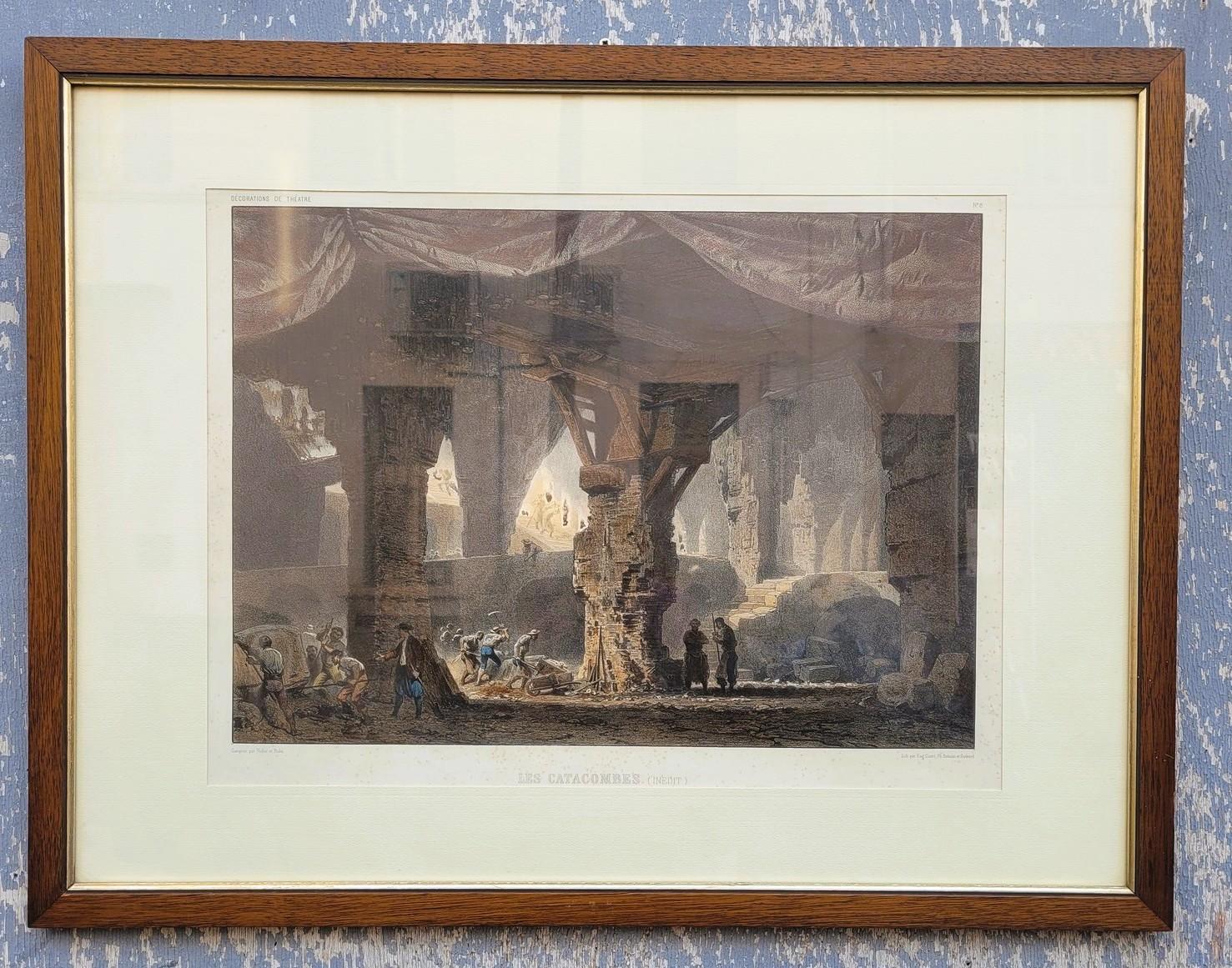Satz von 3 aquarellierten Stichen, Theaterdekorationen, 19. Jahrhundert (Französisch) im Angebot