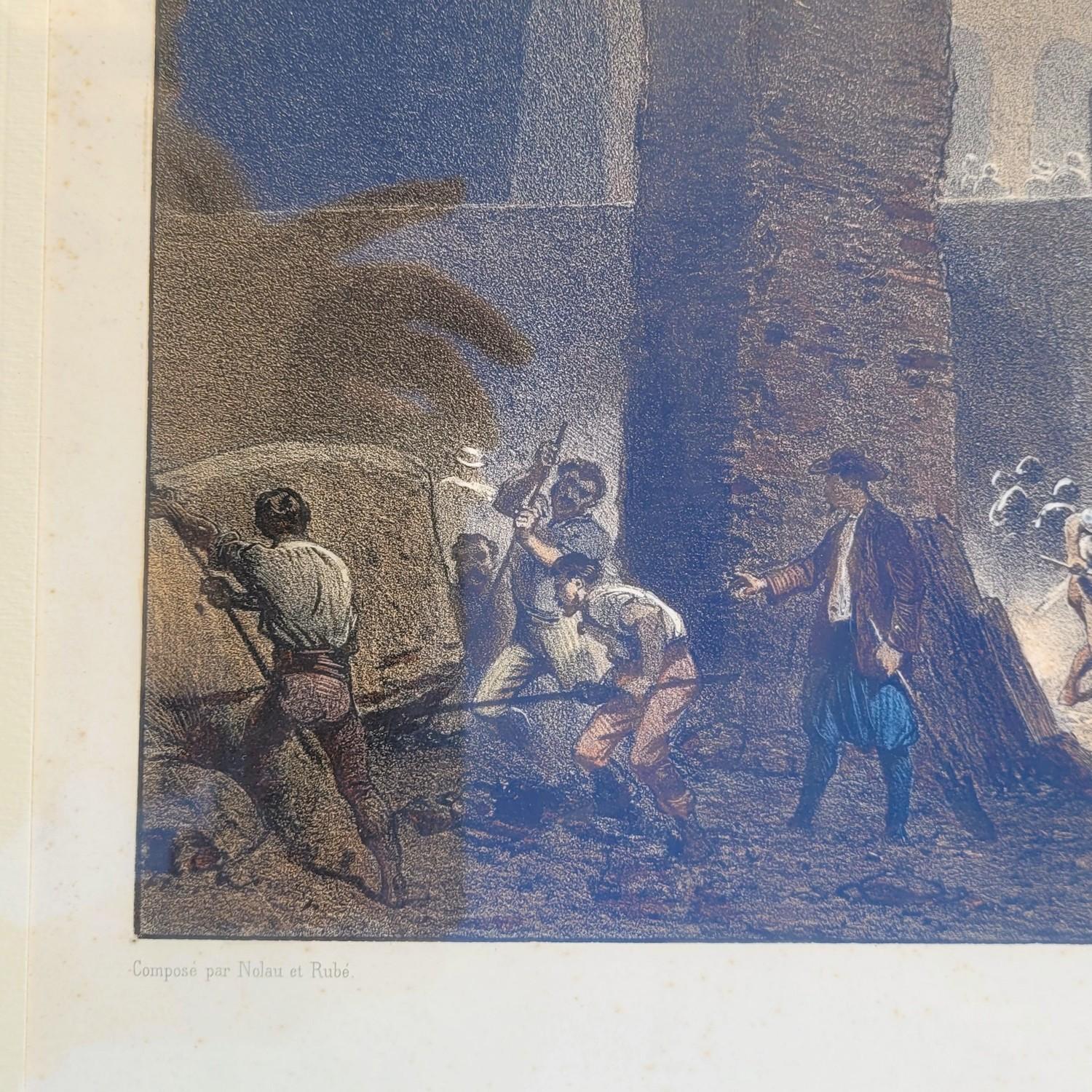 Suite von 3 farbigen und gerahmten Lithographien, die das Thema der Theaterdekoration illustrieren:  

-Gulliver Seite Nr. 3 - 