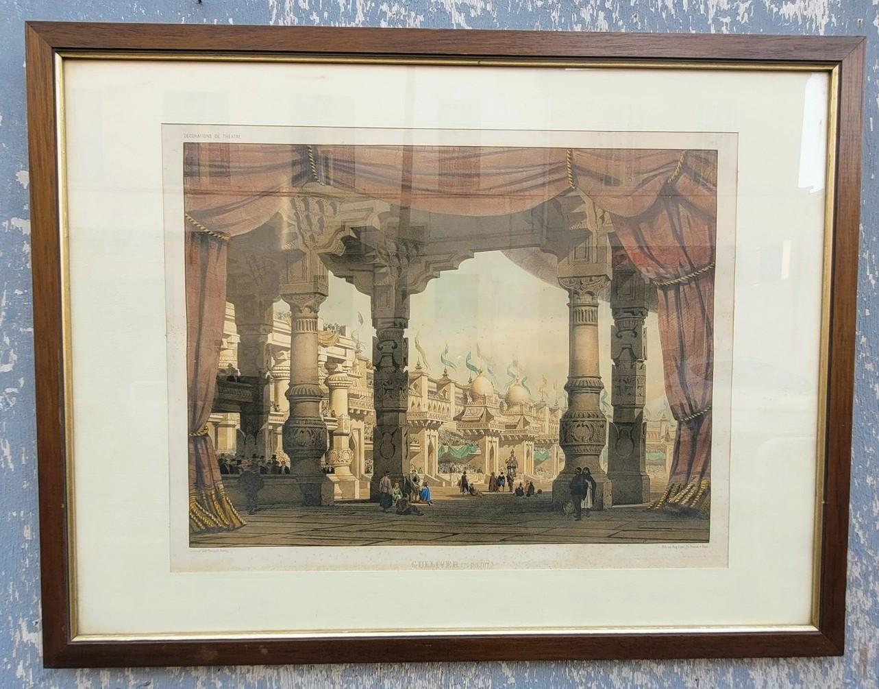 Satz von 3 aquarellierten Stichen, Theaterdekorationen, 19. Jahrhundert im Angebot 1