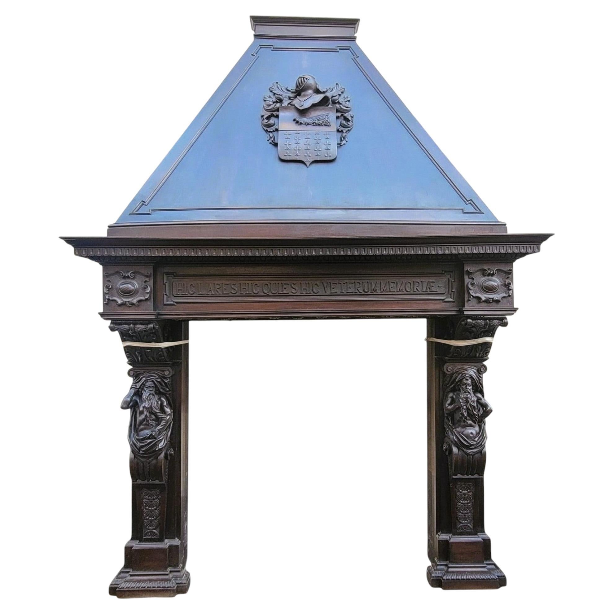 Monumental Renaissance-Style Carved Walnut Fireplace, H330, XIXth century For Sale