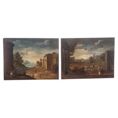 Pair of Large Italian Architectural Landscapes, "Vedute" 17th Century