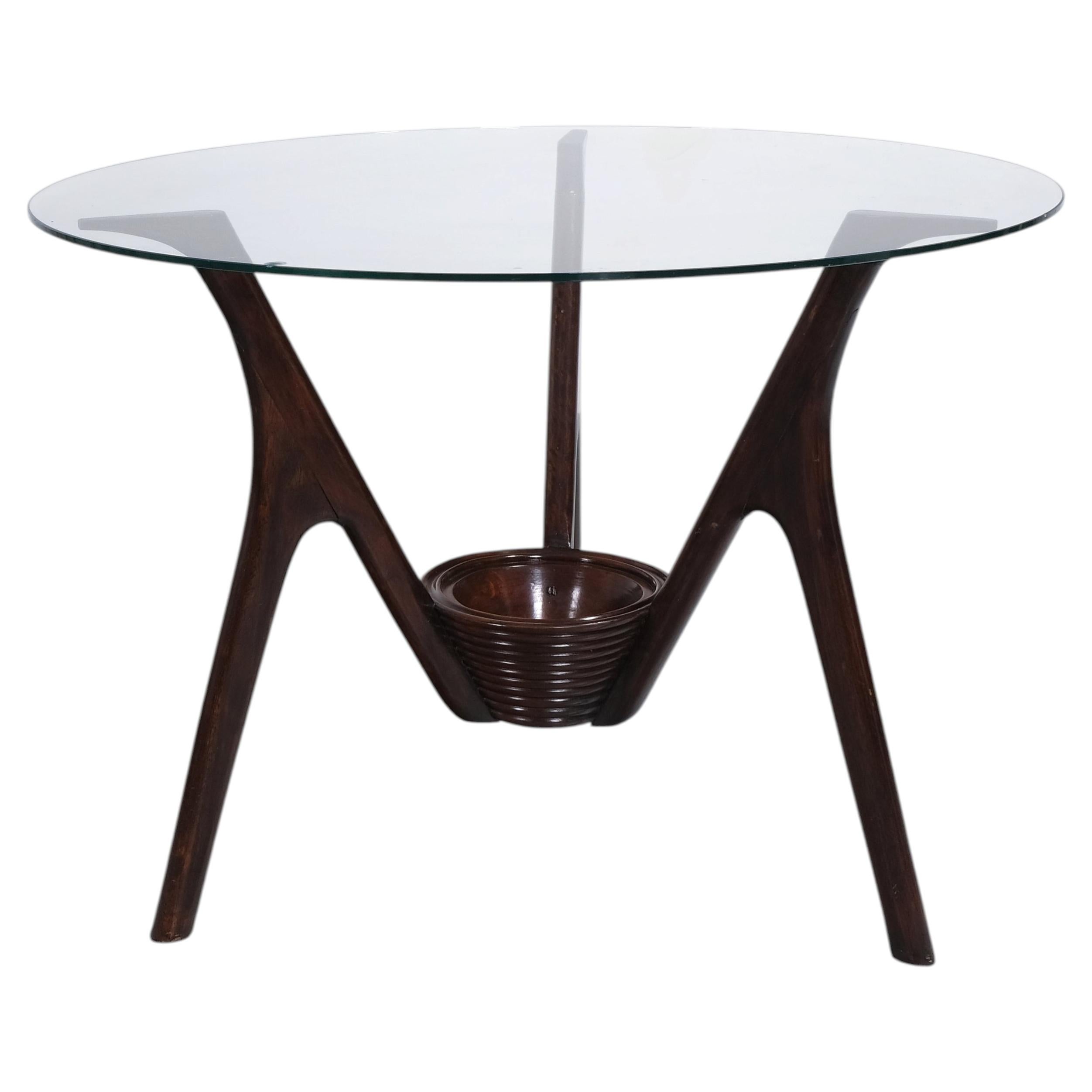 Mid-Century Italian Round Coffee Table in Aniline-Stained Beech and Glass, 1950s For Sale