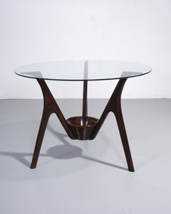 Mid-Century Italian Round Coffee Table in Aniline-Stained Beech and Glass, 1950s