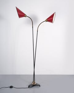 French Mid-Century Dual Gooseneck Brass Floor Lamp with Original Paper Shades