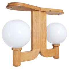 Guillerme et Chambron Blond Oak and Opaline Glass Ceiling Light, France, 1960s