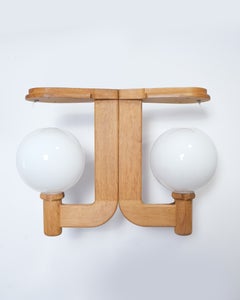 Guillerme et Chambron Blond Oak and Opaline Glass Ceiling Light, France, 1960s