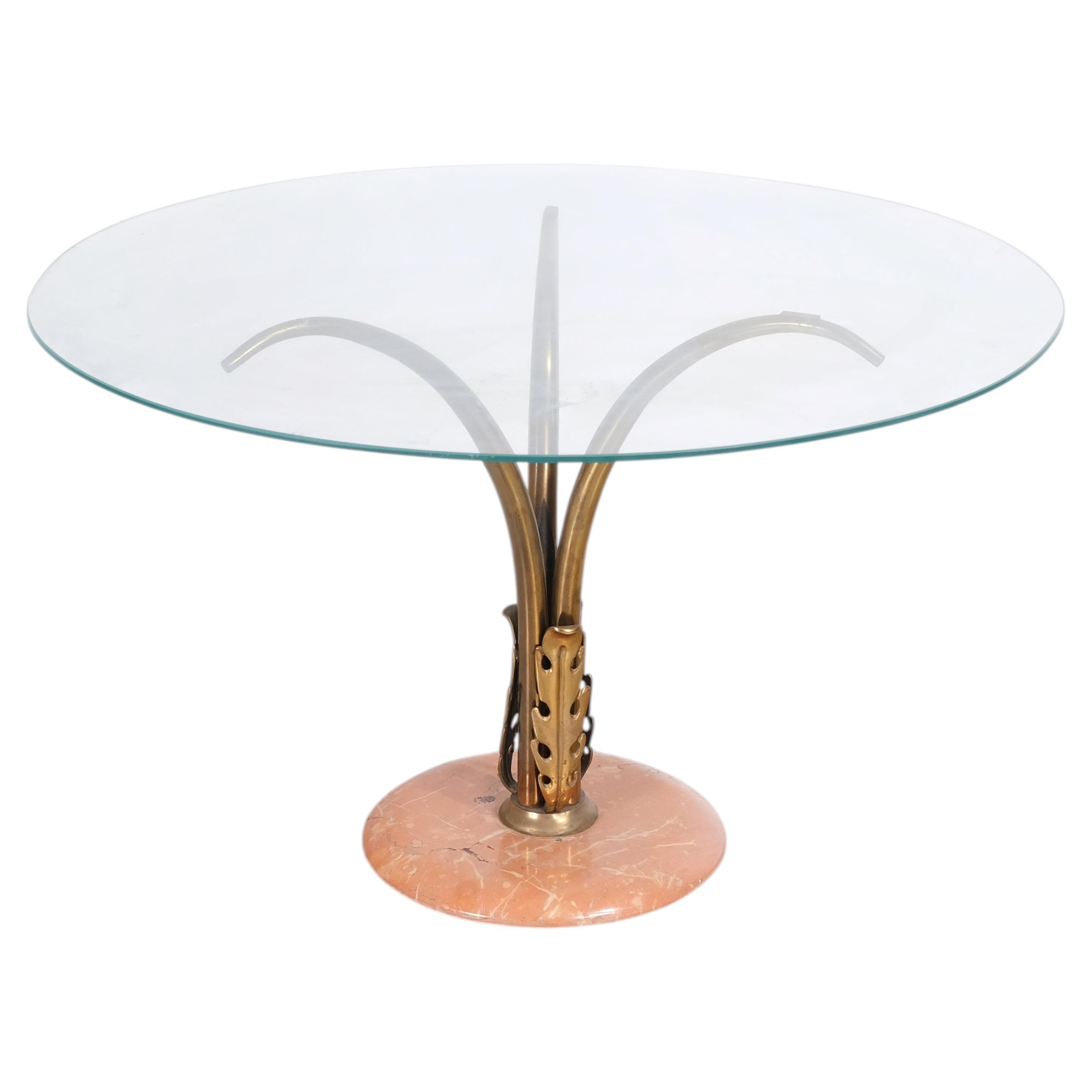 Italian Circular Occasional Table in Salmon-Pink Marble, Brass and Glass, circa For Sale