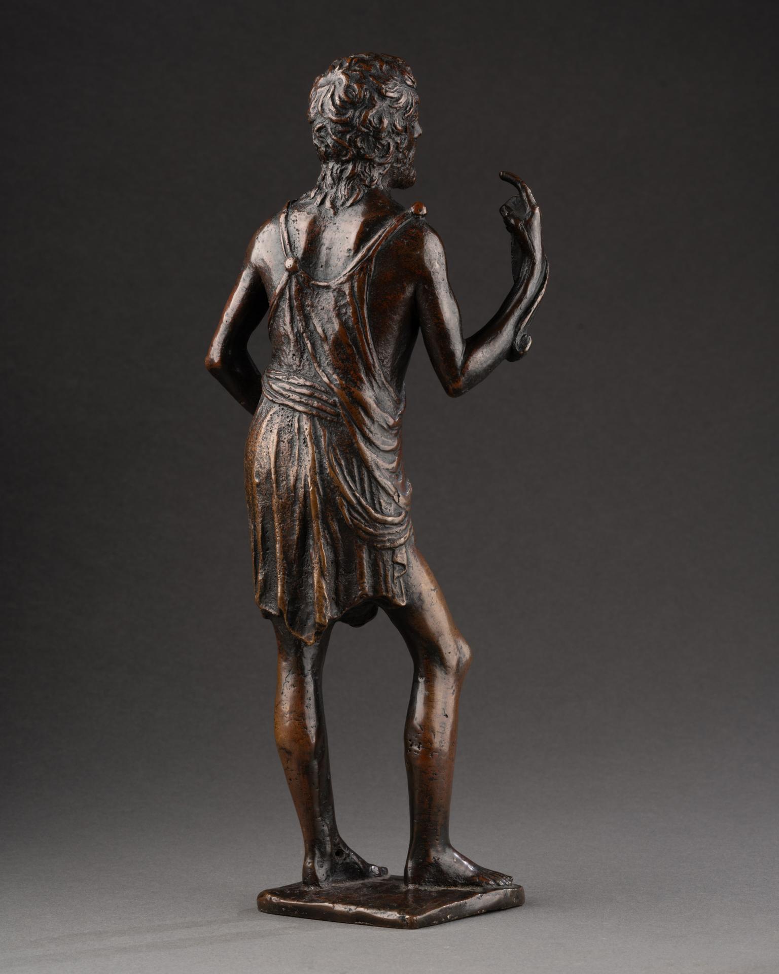 Saint John the Baptist 
Bronze 
After a model by Bertoldo di Giovanni (ca. 1440–1491) 
Northern Italy, 18th century
27,5 x 8 x 5 cm


This finely cast and patinated bronze statuette represents Saint John the Baptist and stands as an accomplished