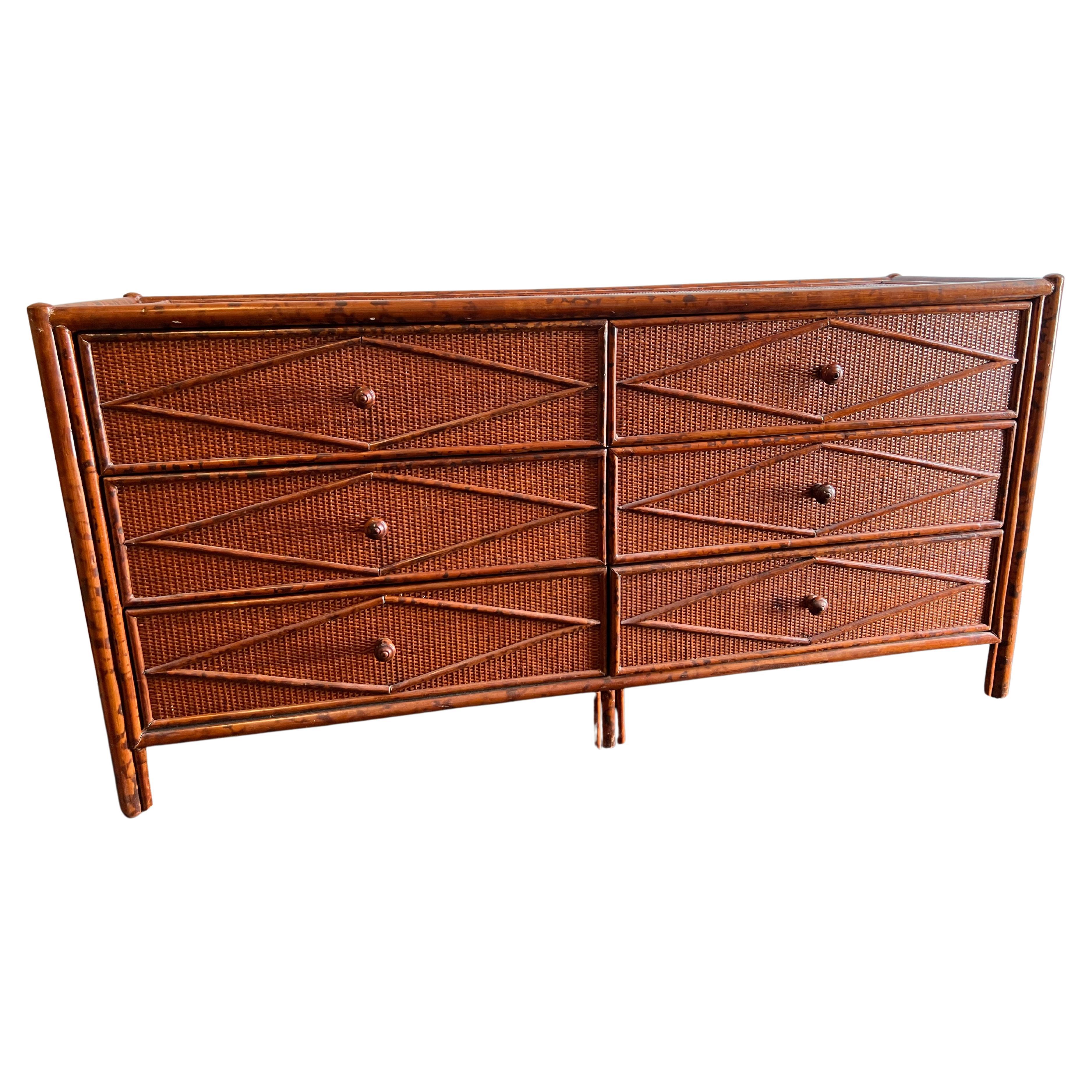 British Colonial Style Burnt Bamboo and Cane Dresser For Sale