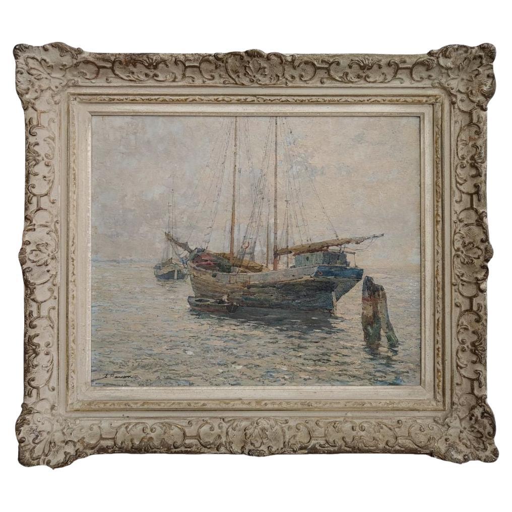 Olio su tavola, Angelo Pavan "Marina: Veliero in riposo", 1942