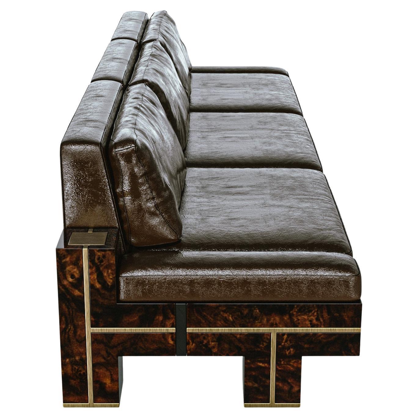 Sofa "Victoria", mit Wurzelholz, Bronzedetails, maßgeschneidertes Leder, Istanbul