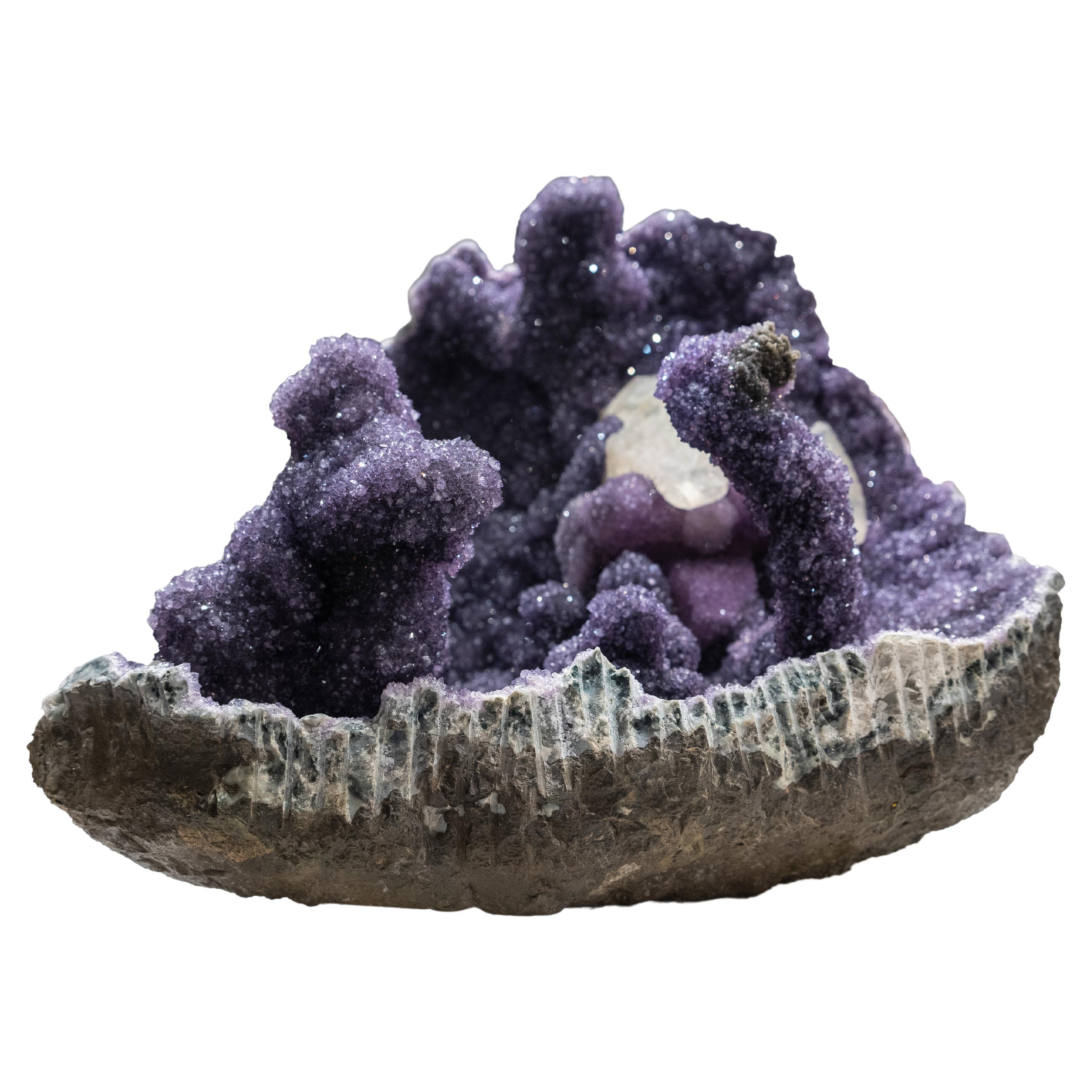 Amethyst Geode Stalactites Cluster with Calcite from Uruguay ( 13"Tall, 25 lbs.) For Sale