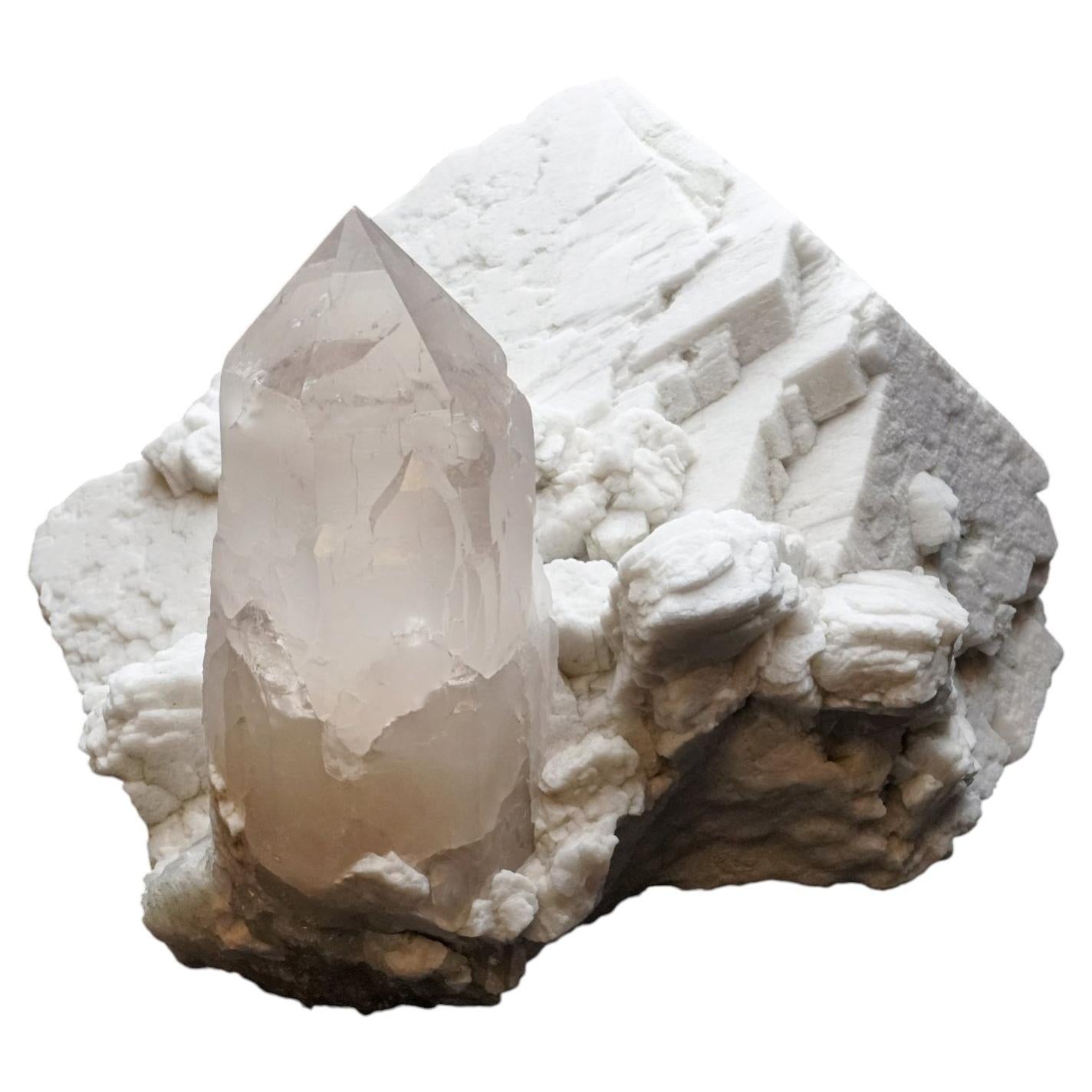 Punta de Cuarzo Natural sobre Cristal de Feldespato Blanco de las Montañas del Himalaya, India