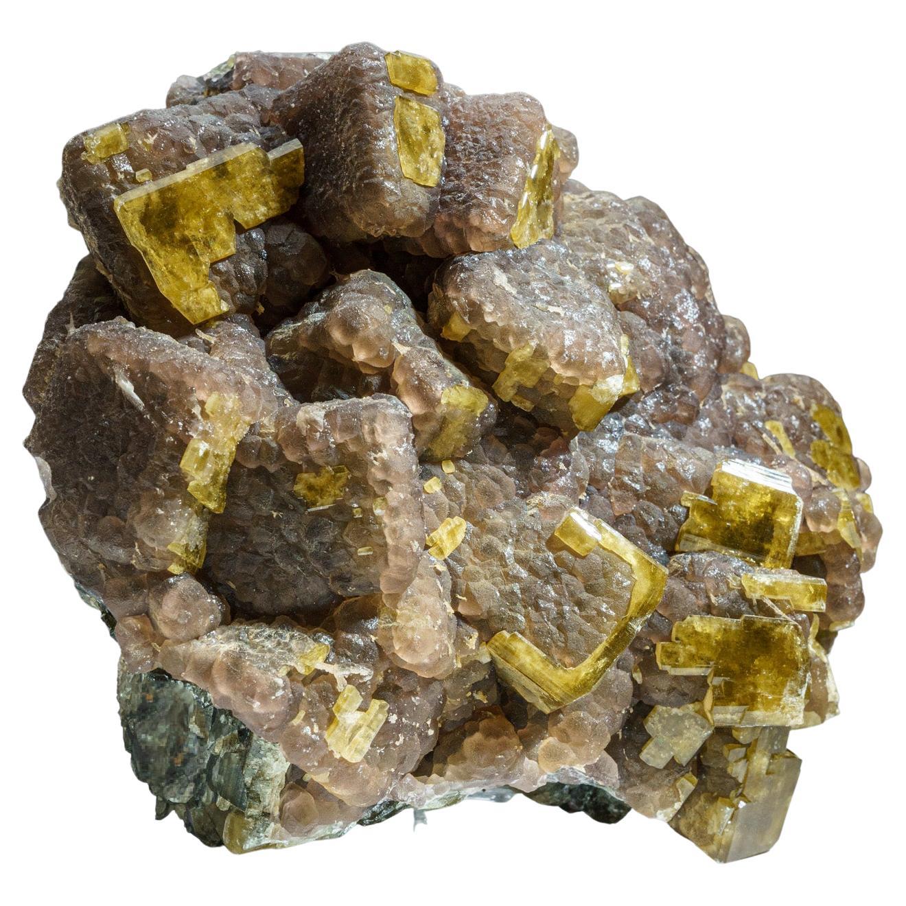 Yellow Fluorite on Calcite from Moscona Mine, Villabona District, Asturias, Spai For Sale