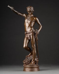 A. Mercié : "David", kleines Modell aus patinierter Bronze Ende XIX./Anfang XX.