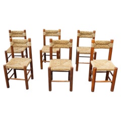 Set of six rattan and oak French dining chairs