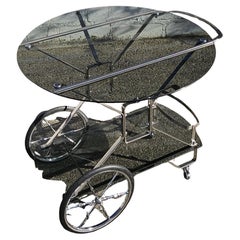 Chariot de bar en verre fumé et chrome du milieu du siècle - Chariot de bar à abattant - années 60