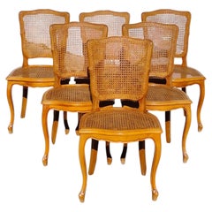 Set of 6 French 80s provincial Cane Dining Chairs-Cherry Wood- Style Louis XV