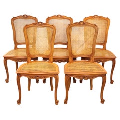 Set of 5 French 80s Cane Dining Chairs-5 big Cherry Wood - Style Louis xv