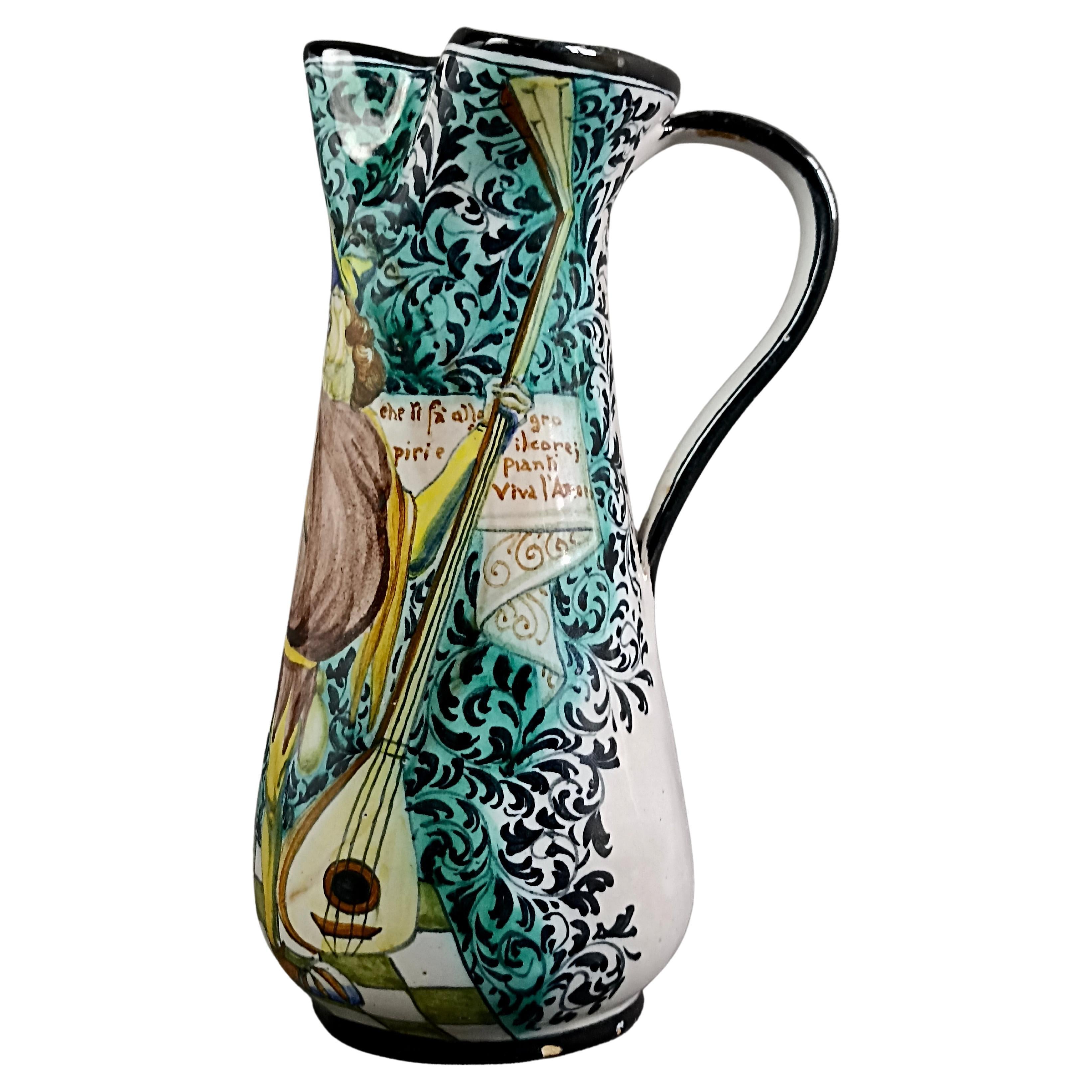 Early Mid-Century Renaissance style ceramic wine jug. Marked Ciccoli, Pesaro. For Sale