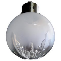 1970s Mazzega Murano attributed hand-blown clear and milky glass pendant lamp. 